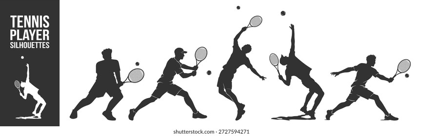 Tennisspieler Silhouetten, Vektorsymbol-Set, Athleten dienen Schwingen und Schlagen Ball mit Schläger, dynamische Sport-Action-Illustration auf transparentem Hintergrund
