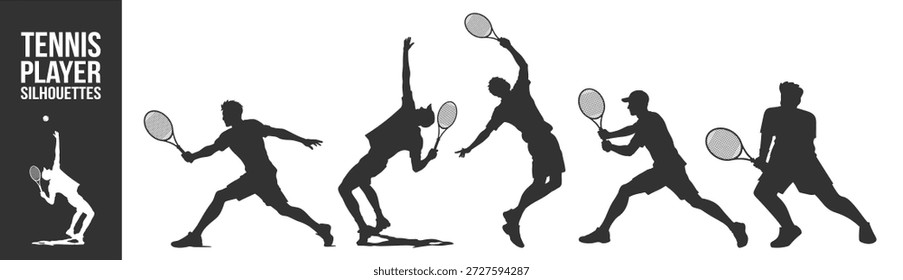 Tennisspieler Silhouetten, Vektorsatz, monochrome Profisportler in Servier- und Rallye-Aktionen mit Schläger und Ball, einzelne Sportfiguren auf transparentem Hintergrund
