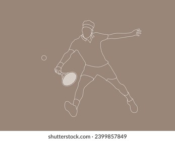 A Tennis player simple vector background, banner, poster with man, racket and ball. Line drawing art illustration of male tennis player. Tenis player vector.