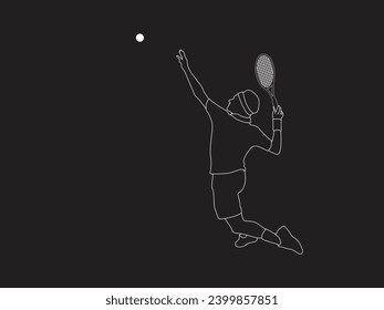 A Tennis player simple vector background, banner, poster with man, racket and ball. Line drawing art illustration of male tennis player. Tenis player vector.