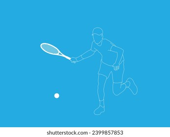 A Tennis player simple vector background, banner, poster with man, racket and ball. Line drawing art illustration of male tennis player. Tenis player vector.