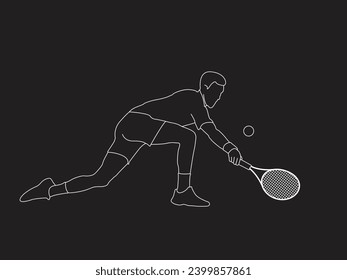 A Tennis player simple vector background, banner, poster with man, racket and ball. Line drawing art illustration of male tennis player. Tenis player vector.