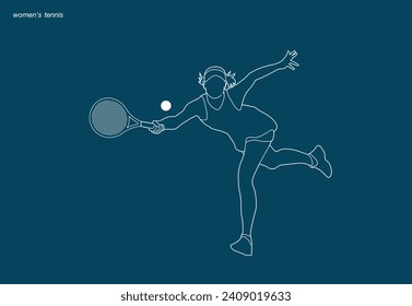 A Tennis player simple vector background, banner, poster with woman, racket and ball. Line drawing art illustration of female tennis player. Tenis player vector.