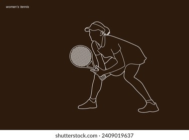 A Tennis player simple vector background, banner, poster with woman, racket and ball. Line drawing art illustration of female tennis player. Tenis player vector.