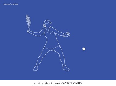 A Tennis player simple vector background, banner, poster with woman, racket and ball. Line drawing art illustration of female tennis player. Tenis player vector.