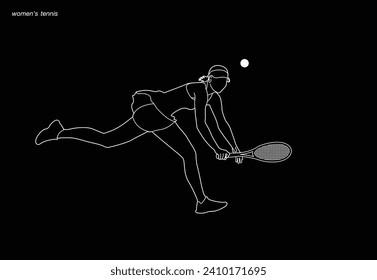 A Tennis player simple vector background, banner, poster with woman, racket and ball. Line drawing art illustration of female tennis player. Tenis player vector.