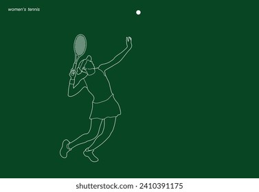 A Tennis player simple vector background, banner, poster with woman, racket and ball. Line drawing art illustration of female tennis player. Tenis player vector.