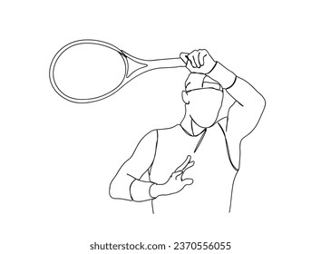 Tennis Player Single line art drawing, isolated background, clean illustration.
