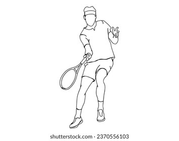 Tennis Player Single line art drawing, isolated background, clean illustration.