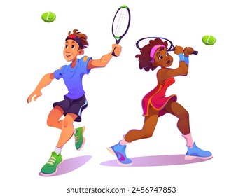 Tennis player sport character woman and man vector. Athlete people hit ball with racket cartoon illustration set. Running male student play game in uniform. Isolated professional african female person