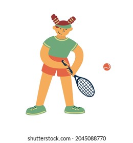 Tennis player, sport game. Female athlete with racquet and ball. Physical activity by play. Cartoon character of woman. Tennis tournament. Active leisure, healthy lifestyle of girl vector illustration