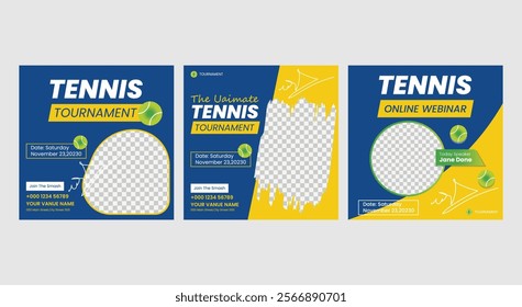 Tennis Player Sport Social Media Post, Modern Social Media Post Templates. Sports, Vector abstract illustration of woman and man tennis player on tournament on court, tennis ball, racket and sneakers