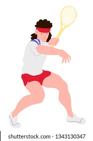 Tennis player. Tennis sportsman flat style. Guy in white tshirt and red shorts returns ball. Used for flyer, banner sporting events, packing sports goods. Vector illustration isolated object.