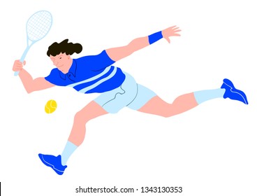 Tennis player. Tennis sportsman flat style. Guy in blue tshirt and white shorts runs behind ball. Used for flyer, banner sporting events, packing sports goods. Vector illustration isolated object.