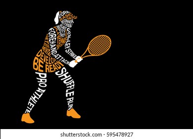 Tennis player standing and hold a racket in hand. Illustration about tennis skill from text concept.