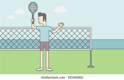 Tennis player standing with racquet and ball in hands at the net. Vector line design illustration. Horizontal layout with a text space for a social media post.