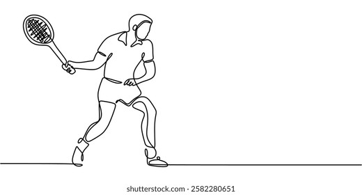 Tennis player swinging a racket in continuous line drawing. Elegant depiction of a powerful stroke in a tennis match. Vector illustration hand drawn.