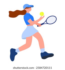 Tennis player swinging racket to hit the ball, flat vector illustration