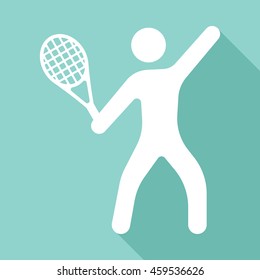 Tennis player vector icon with long shadow. White illustration isolated on green background for graphic and web design.