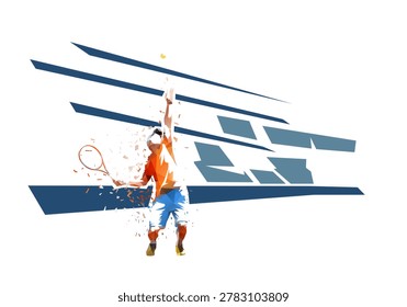 Tennis player vector illustration serving the ball in a stadium, dynamic abstract sports artwork with low poly shapes, motion fragments, speed, power and athletic action.