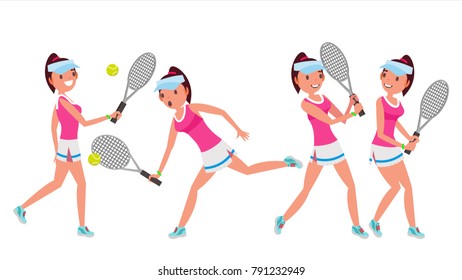 Tennis Player Vector. Young And Healthy. Players Practicing With Tennis Racket. Flat Cartoon Illustration
 