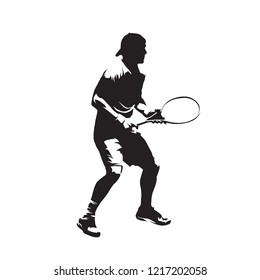 Tennis player waiting for ball, return. Individual sport athlete, isolated vector silhouette