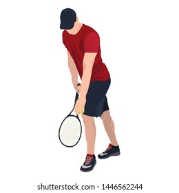 Tennis player wearing cap with racket and ball, vector flat illustration isolated on white background. Basic tennis strokes.