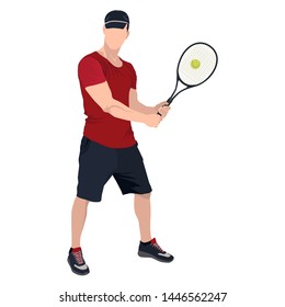 Tennis player wearing cap with racket and ball, vector flat illustration isolated on white background. Basic tennis strokes.