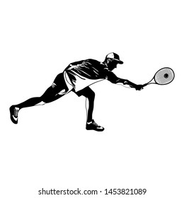 Tennis player wearing cap with racket and ball black silhouette on white background, vector illustration. Basic tennis strokes.