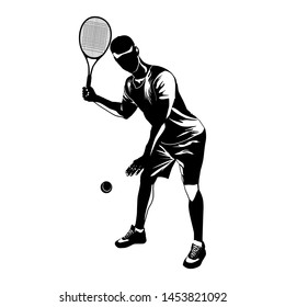 Tennis player wearing cap with racket and ball black silhouette on white background, vector illustration. Basic tennis strokes.