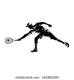 Tennis player wearing cap with racket and ball black silhouette on white background, vector illustration. Basic tennis strokes.