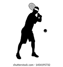 Tennis player wearing cap with racket and ball black silhouette on white background, vector illustration. Basic tennis strokes.