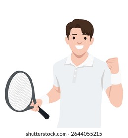 O tenista de traje branco ergue o punho em triunfo, segurando uma raquete após um momento de sucesso. Ilustração de vetor plano isolada no plano de fundo branco