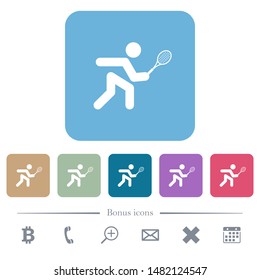 Tennis player white flat icons on color rounded square backgrounds. 6 bonus icons included