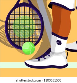 Tennis player in white sport wear and white socks with blue racket in hand and ball on clay court prepare for game concept. Tennis match. Tennis banner, poster. Flat vector illustration. Clay court