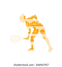 Tennis player woman abstract concept illustration made of tree fragments isolated on white