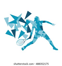 Tennis player woman abstract illustration made of polygon fragments isolated on white