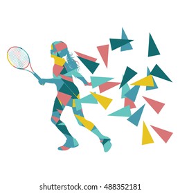 Tennis player woman abstract illustration made of polygon fragments isolated on white