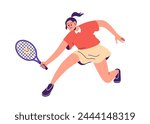 Tennis player. Woman athlete playing tenis, court game, sport. Girl character hitting ball with racket, exercising, training, workout. Flat graphic vector illustration isolated on white background