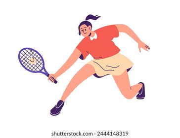 Tennis player. Woman athlete playing tenis, court game, sport. Girl character hitting ball with racket, exercising, training, workout. Flat graphic vector illustration isolated on white background