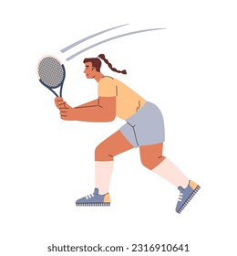 Tennis player woman with a pigtail prepared to hit the ball with a racket. Vector illustration in doodle disproportionate characters isolated on white background. Sport concept