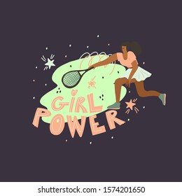 Tennis player. Woman with racket and freehand drawn lettering: girl power, decoration elements. Stylized vector flat illustration