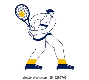 Tennis player woman serving the ball isolated on white background. Female sportsman in modern outline minimalist design. Flat Art Vector Illustration