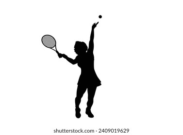 A tennis player woman silhouette sports person design element. The athlete playing tennis with racket and ball. Drawing art illustration of female tennis player. Tenis player vector.