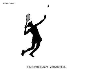 A tennis player woman silhouette sports person design element. The athlete playing tennis with racket and ball. Drawing art illustration of female tennis player. Tenis player vector.