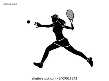 A tennis player woman silhouette sports person design element. The athlete playing tennis with racket and ball. Drawing art illustration of female tennis player. Tenis player vector.