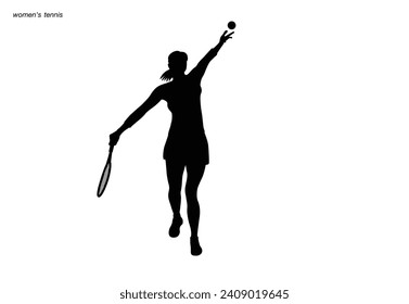 A tennis player woman silhouette sports person design element. The athlete playing tennis with racket and ball. Drawing art illustration of female tennis player. Tenis player vector.