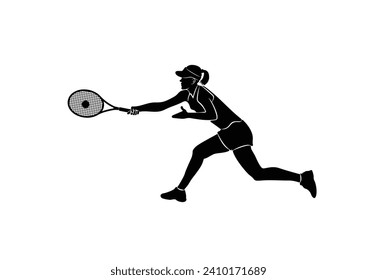 A tennis player woman silhouette sports person design element. The athlete playing tennis with racket and ball. Drawing art illustration of female tennis player. Tenis player vector.