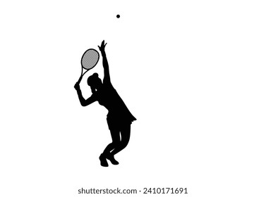 A tennis player woman silhouette sports person design element. The athlete playing tennis with racket and ball. Drawing art illustration of female tennis player. Tenis player vector.