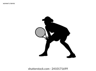 A tennis player woman silhouette sports person design element. The athlete playing tennis with racket and ball. Drawing art illustration of female tennis player. Tenis player vector.